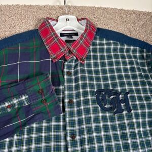 Vintage Tommy Hilfiger Men XXL Patchwork Plaid Button Down Shirt Preppy Y2K